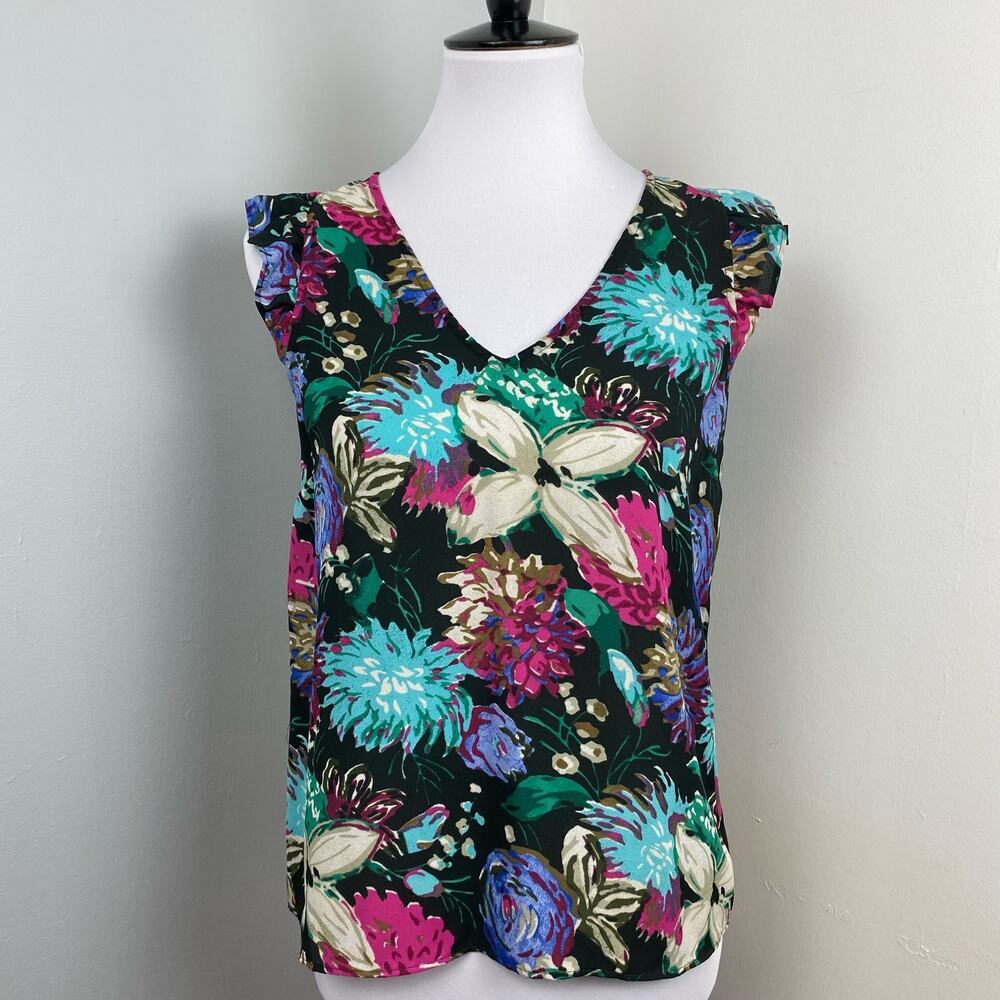 J. Crew Colorful Floral Chiffon Ruffle Sleeveless Top Blouse Size 2